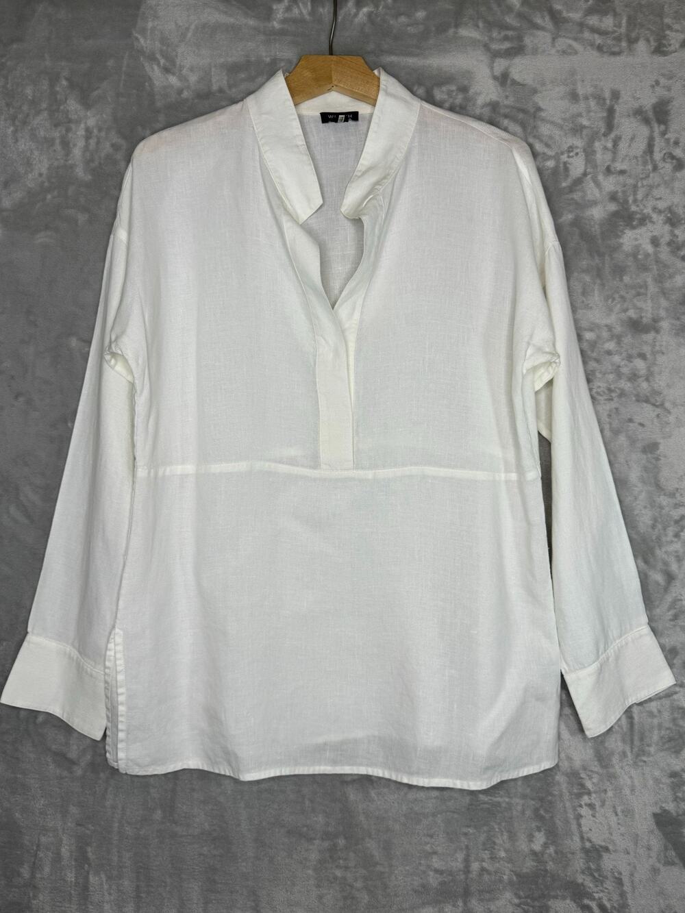 Worth Top Womens Small White V Neck Long Sleeve Loose Fit Linen Blend Classic